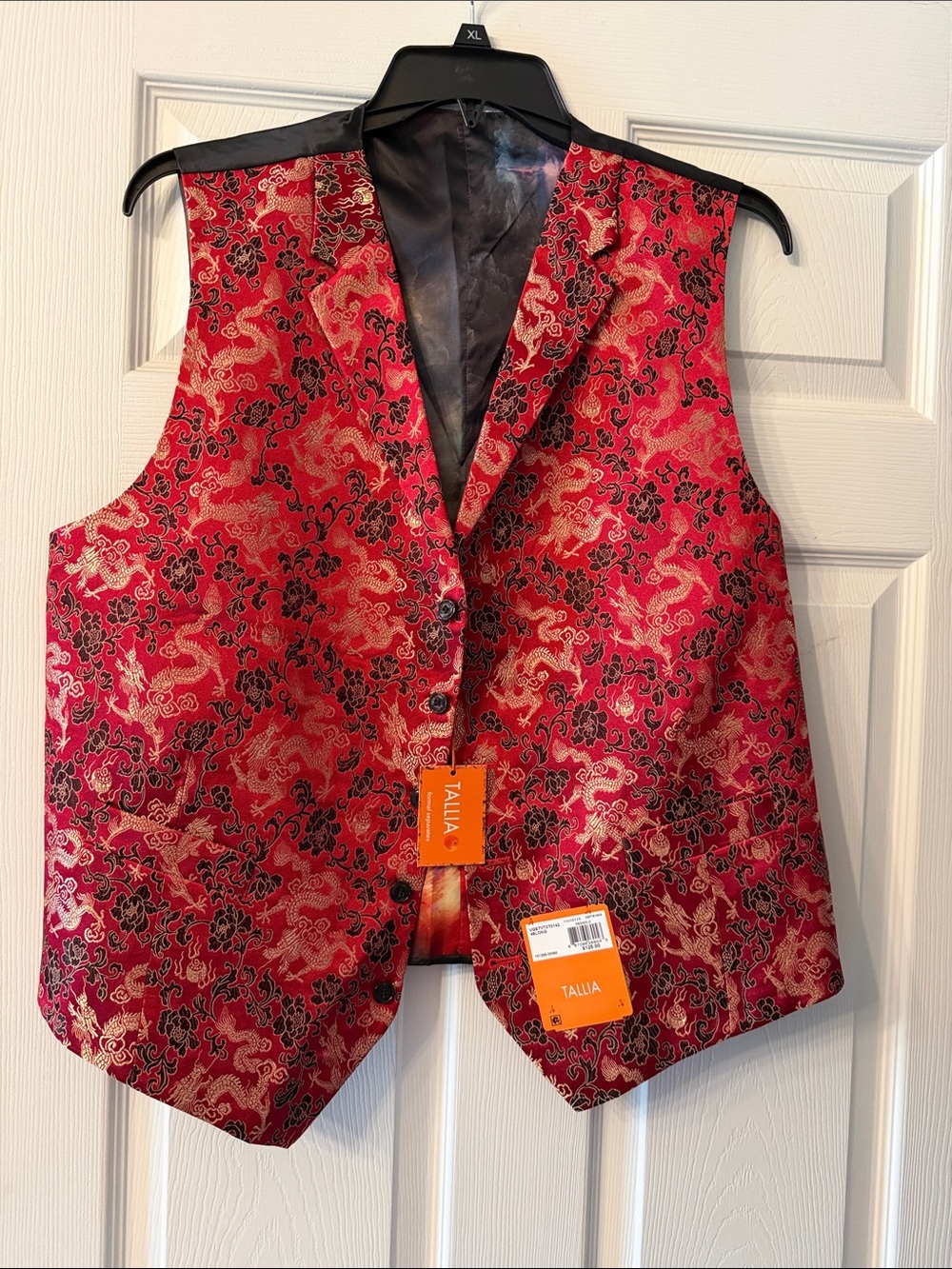 TALLIA Red Brocade Vest with Black and Gold Dragon Motif